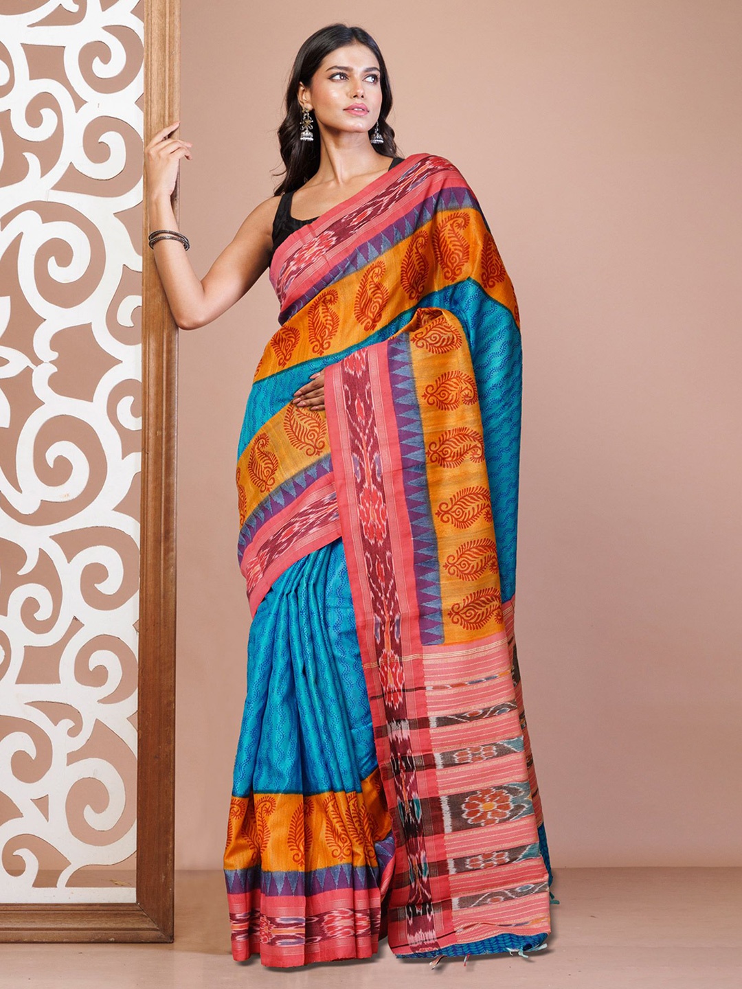 

Unnati Silks Ethnic Motifs Pure Silk Handloom Tussar Saree, Blue