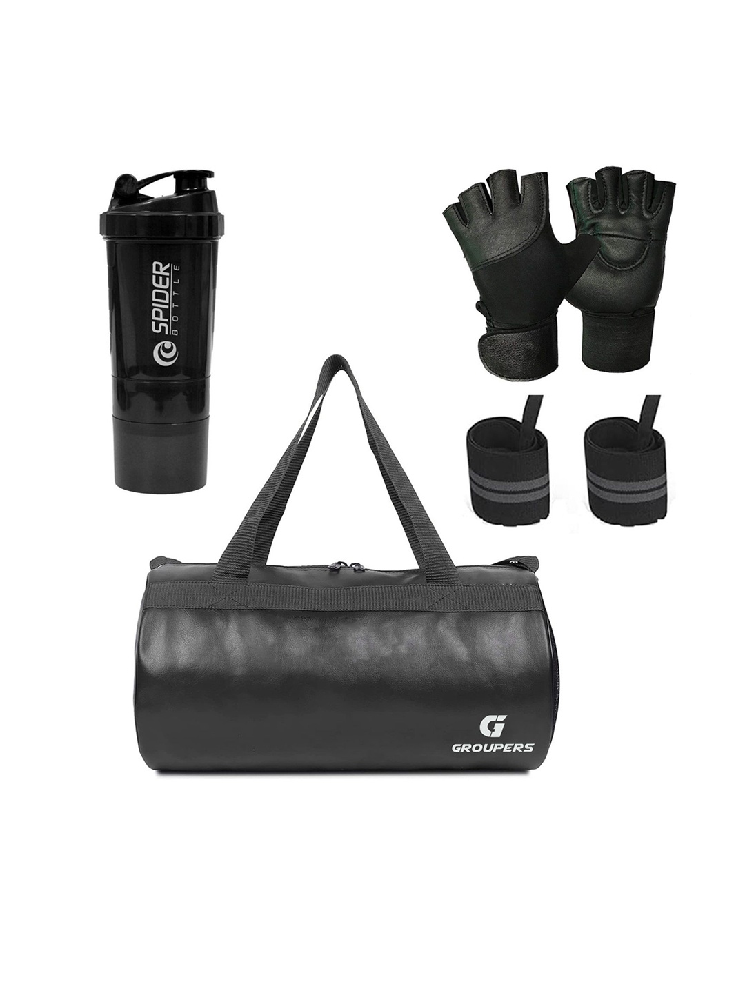 

GROUPERS Medium Foldable Sports Duffel Bag With Gloves Shaker Bottle & Wrist Bag, Black