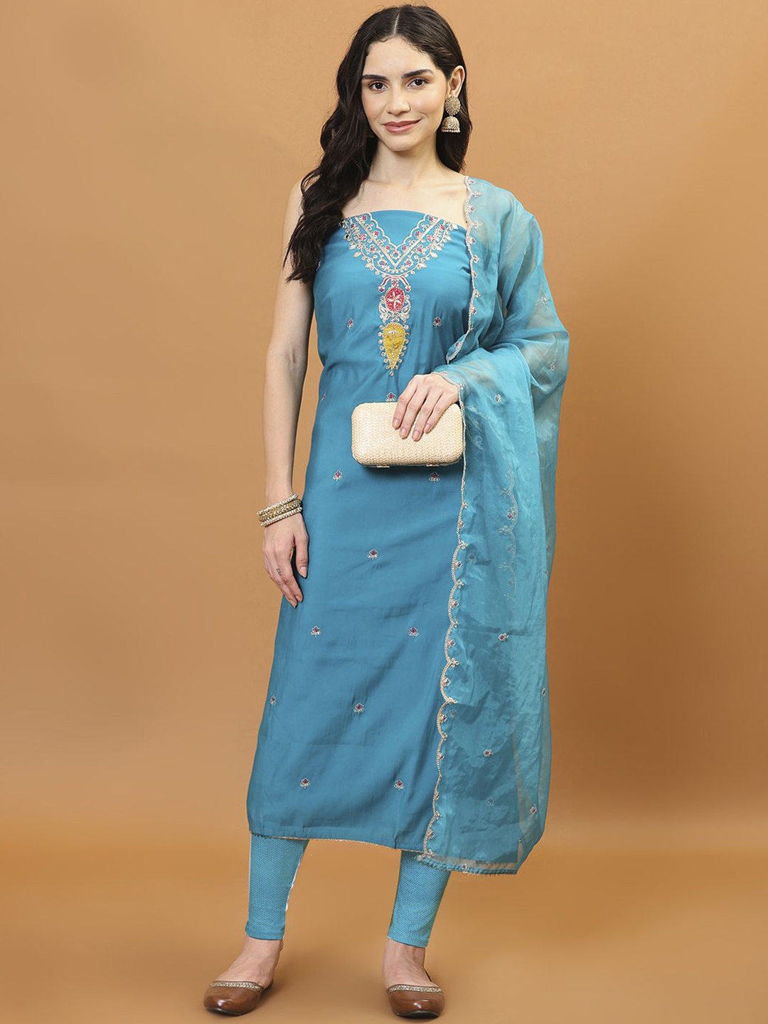 

Meena Bazaar Embroidered Art Silk Unstitched Dress Material, Teal