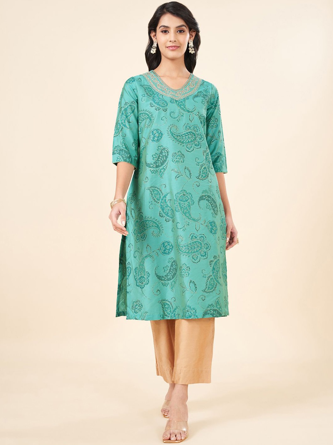 

RANGMANCH BY PANTALOONS Paisley Printed Straight Kurta, Green