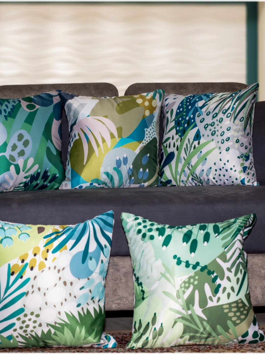 

Vendola White & Green 5 Pieces Floral Printed Satin Square Cushion Covers