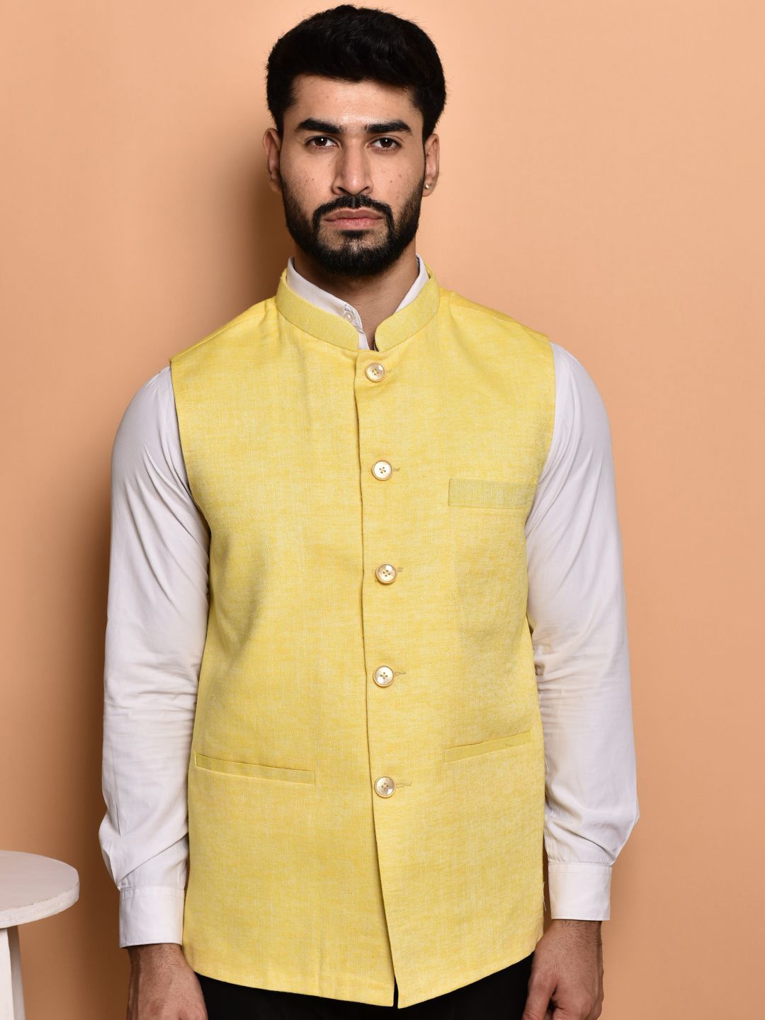 

PRINTCULTR Textured Woven Nehru Jacket, Yellow