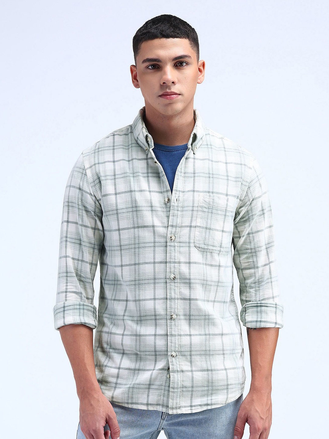 

Flying Machine Men Modern Slim Fit Opaque Checked Casual Shirt, Green