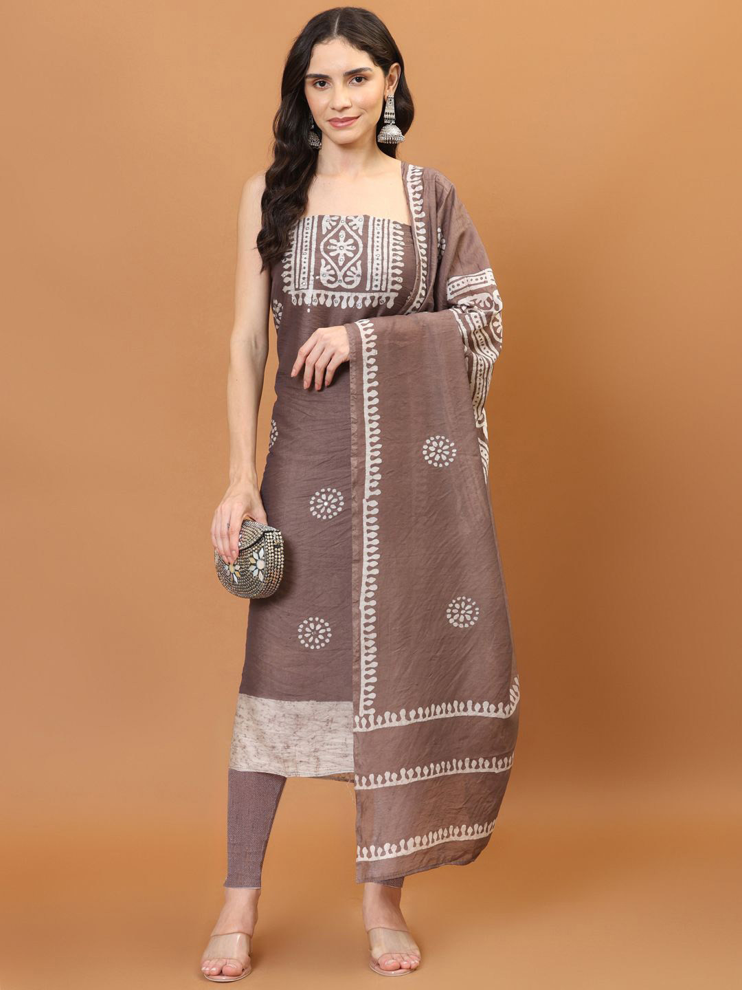 

Meena Bazaar Printed Art Silk Unstitched Dress Material, Brown