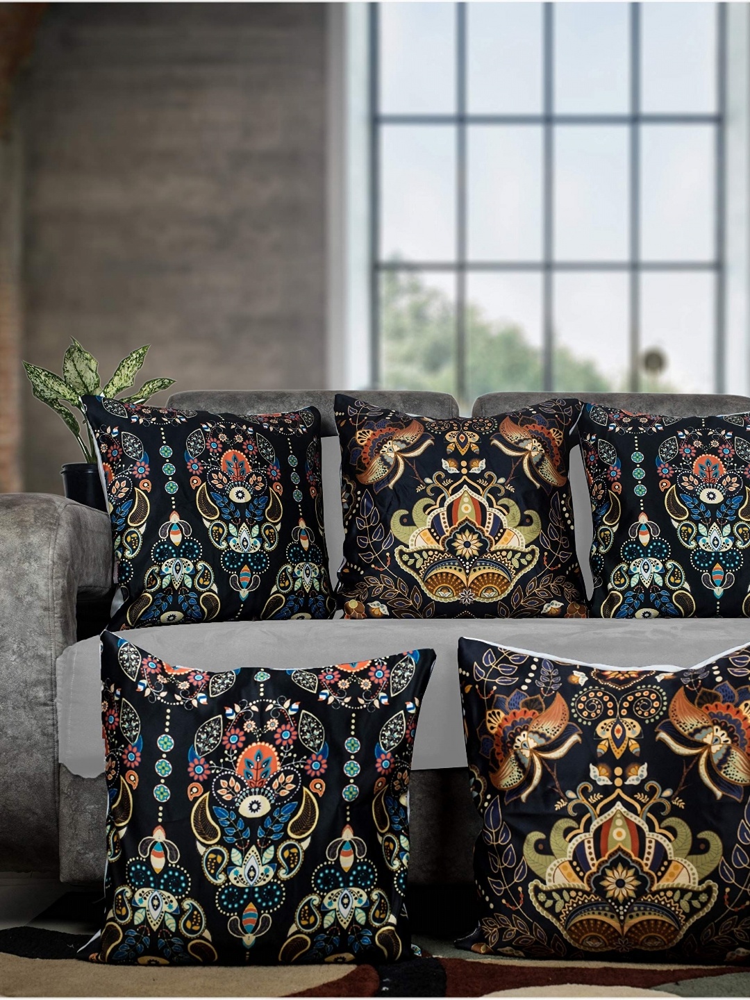 

Vendola Black & Orange 5 Pieces Ethnic Motifs Satin Square Cushion Covers