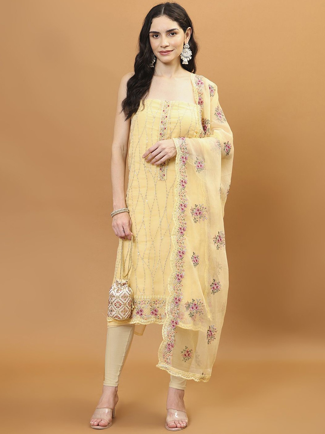 

Meena Bazaar Embroidered Organza Unstitched Dress Material, Yellow