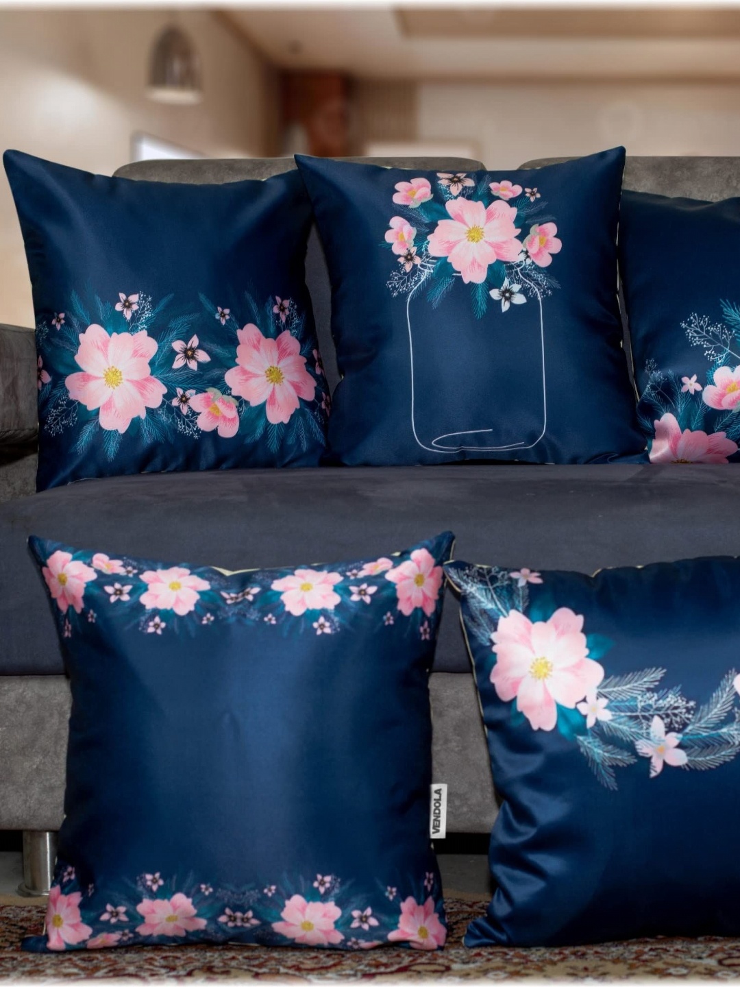 

Vendola Blue & Pink 5 Pieces Floral Square Cushion Covers