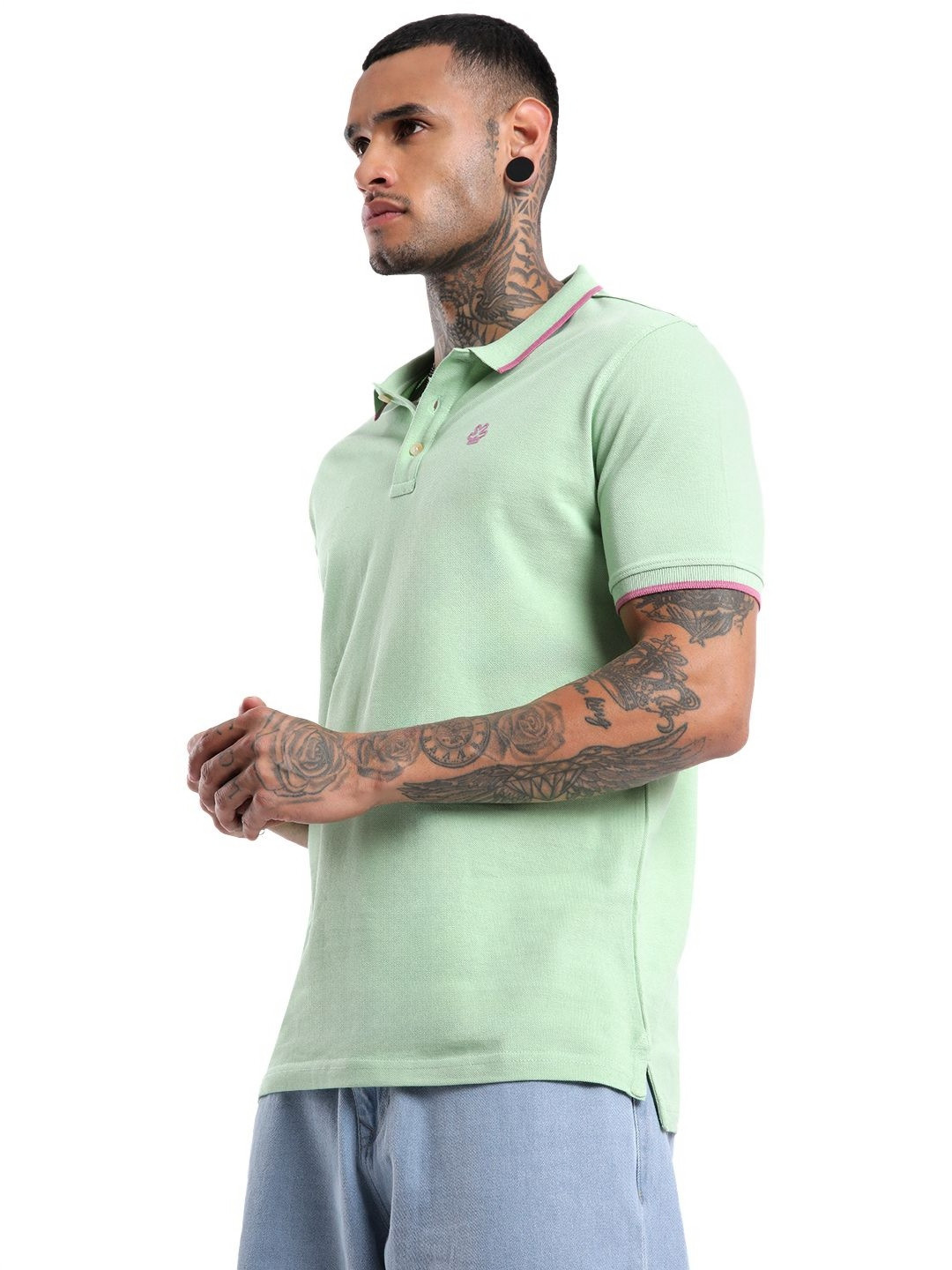 

WROGN Men Solid Polo Collar Pure Cotton Slim Fit T-shirt, Green