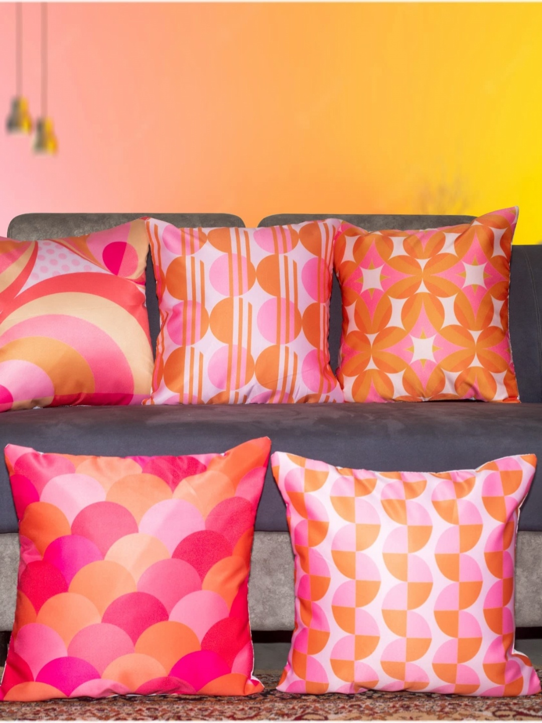 

Vendola Orange & Pink 5 Pieces Geometric Square Cushion Covers