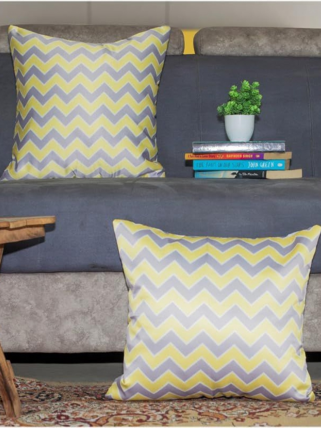 

Vendola Yellow & Grey 2 Pieces Geometric Printed Satin Square Cushion Covers