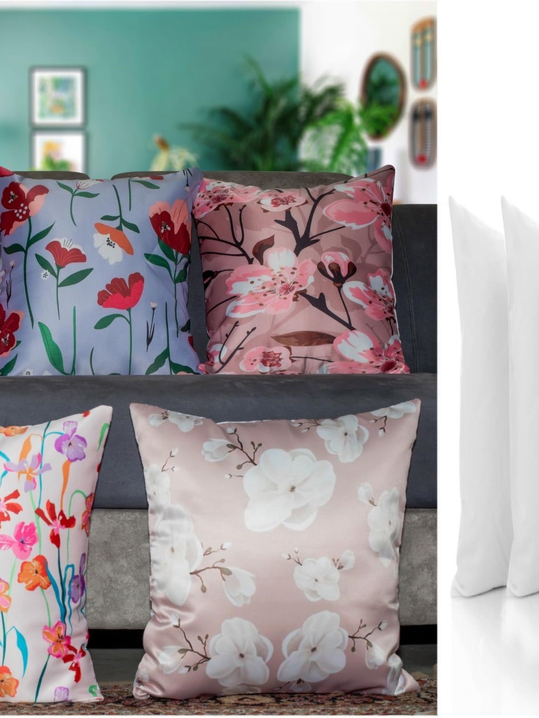 

Vendola White & Pink 5 Pieces Floral Satin Square Cushion Covers
