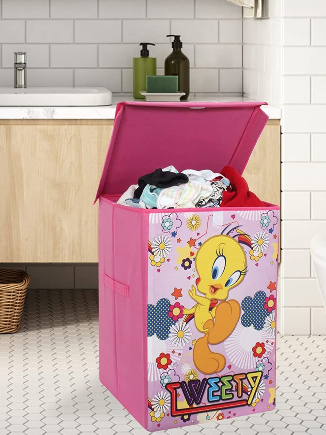 

prettykrafts Pink & Yellow Printed Foldable Laundry Bag With Lid- 75L