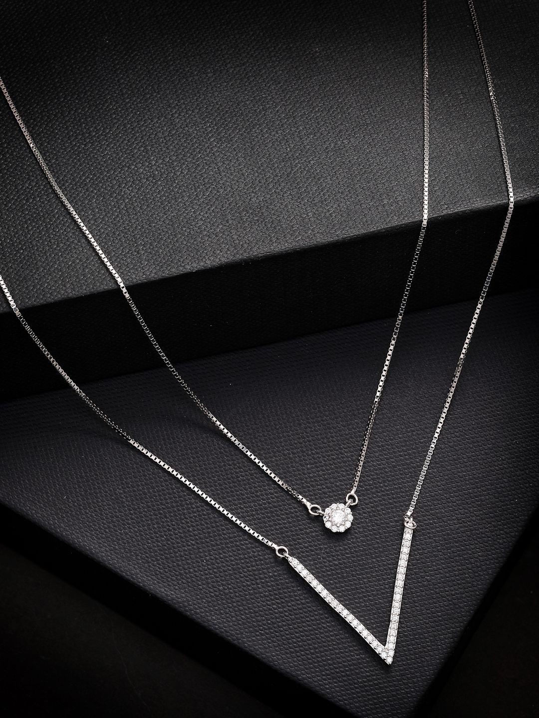

PANASH 925 Sterling Silver Rhodium-Plated Layered CZ-Studded Twin Necklace