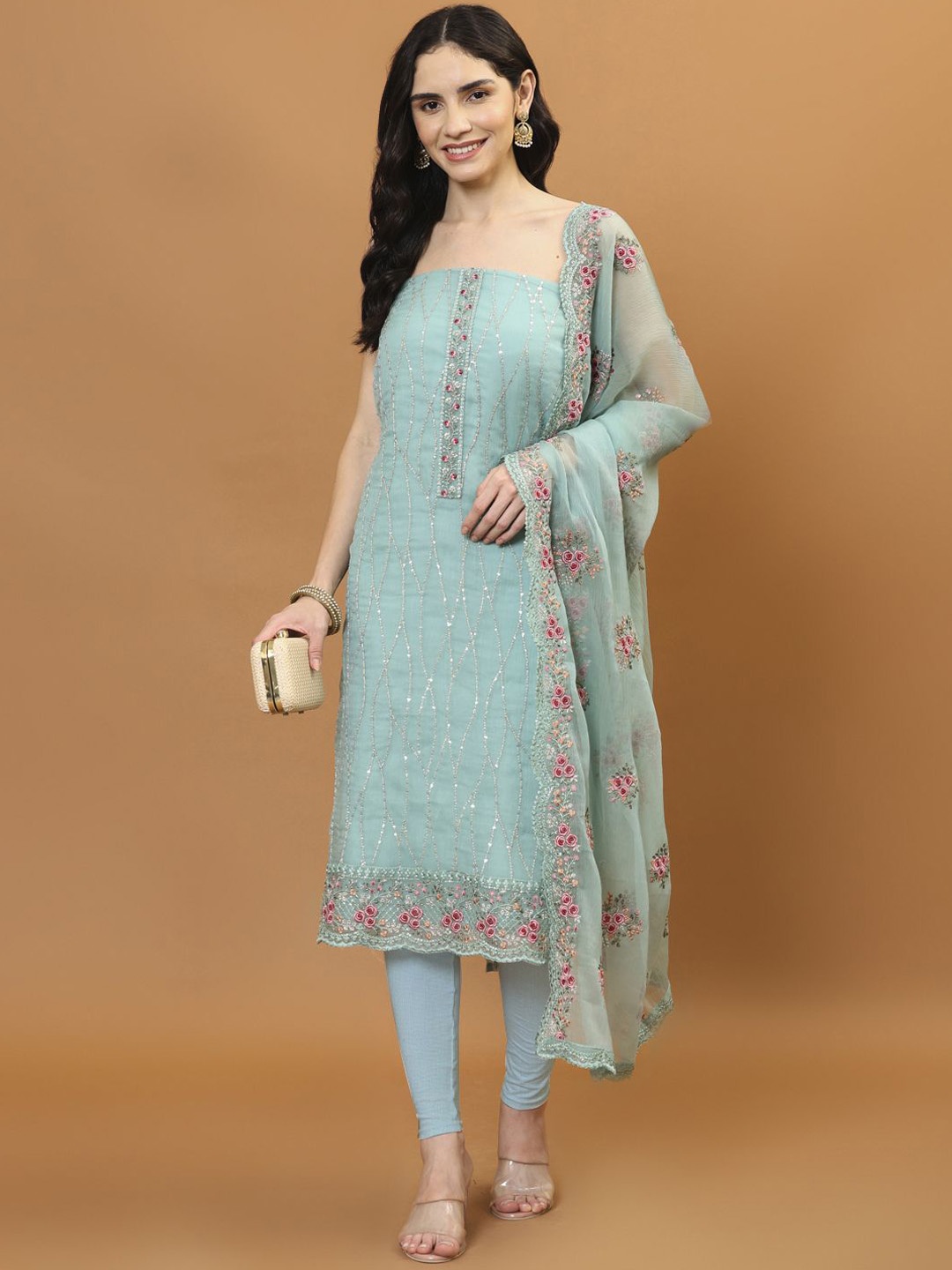 

Meena Bazaar Embroidered Organza Unstitched Dress Material, Sea green