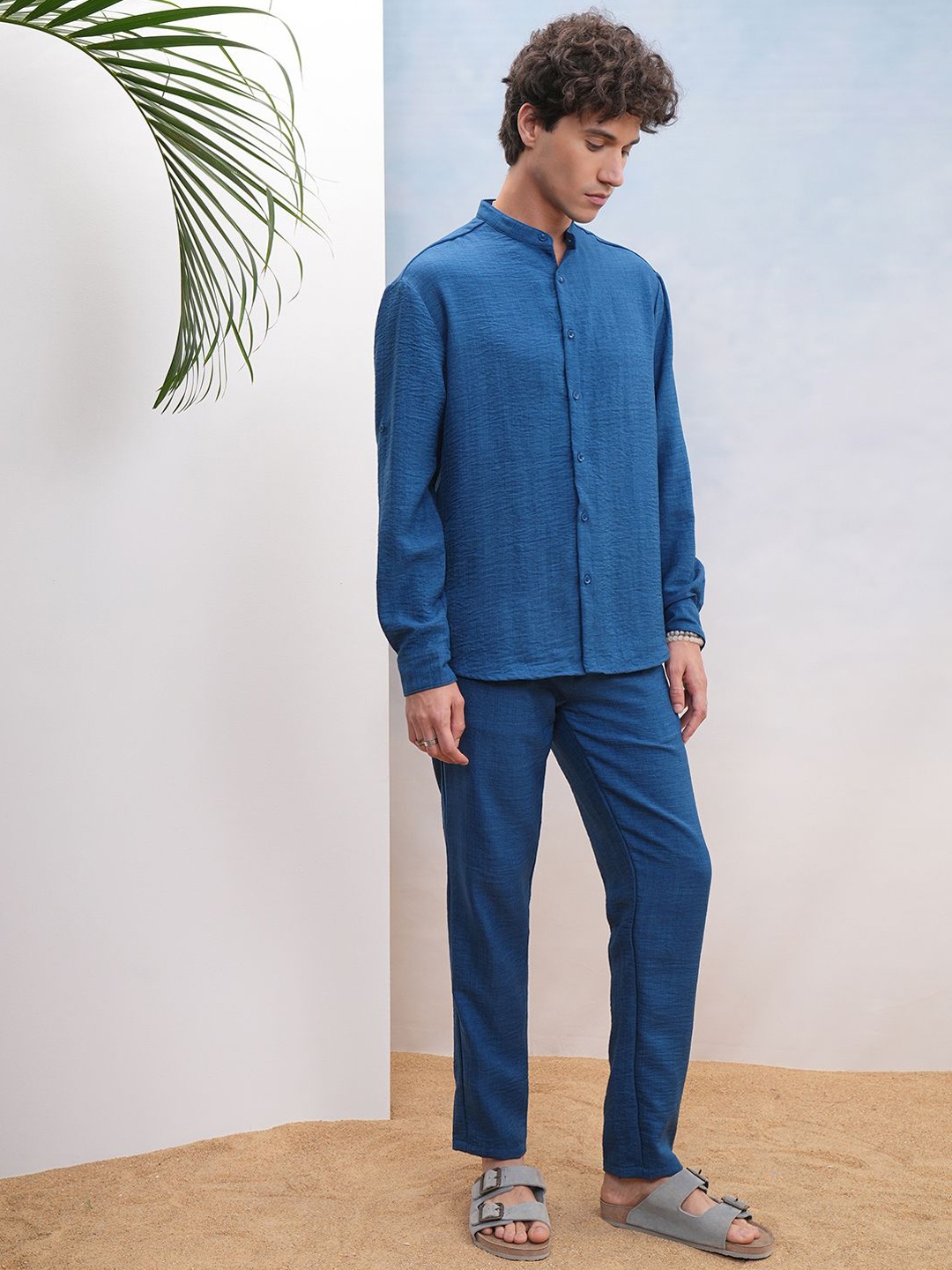

HIGHLANDER Relaxed Fit Mandarin Collar Shirt With Trouser, Navy blue