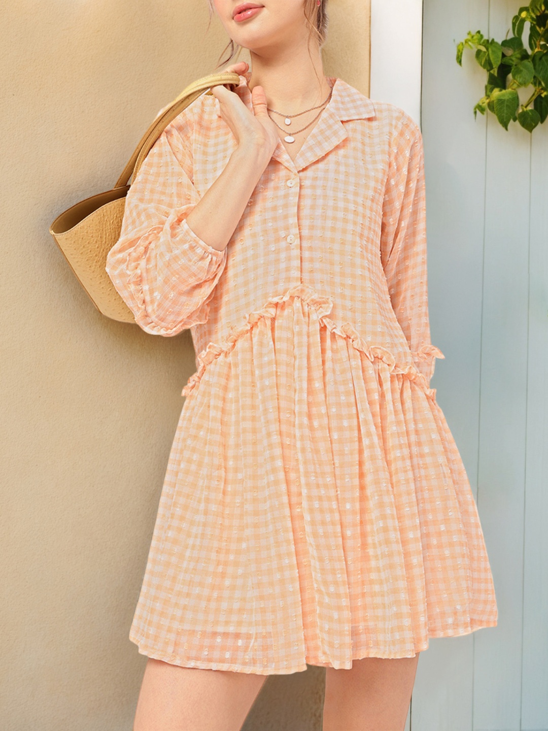 

DressBerry Sunset Romance Ruffled Dobby Detail Shirt Mini Dress, Orange