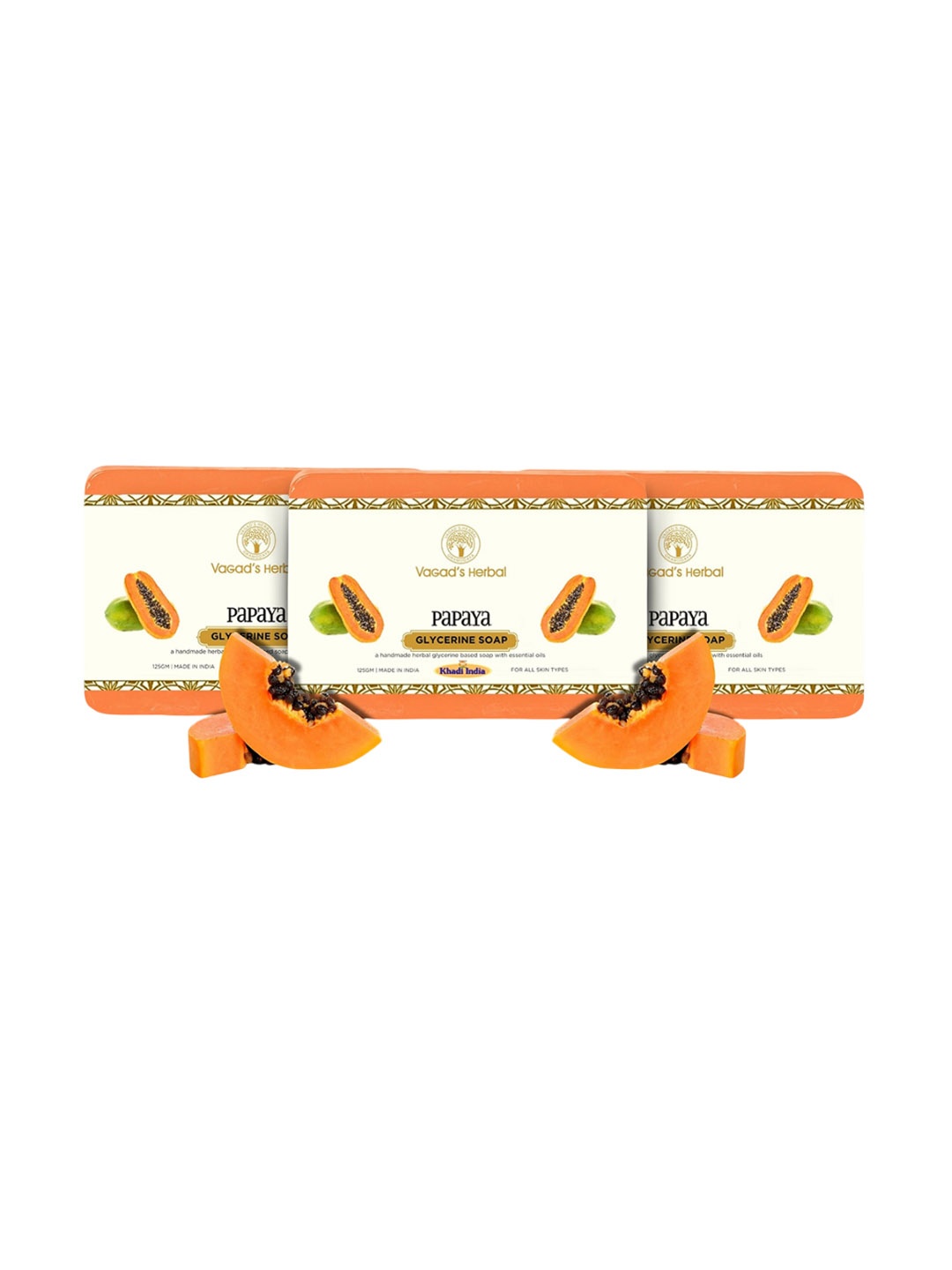 

Vagads Set Of 3 Khadi India Papaya Soaps - 375 g Each, Orange