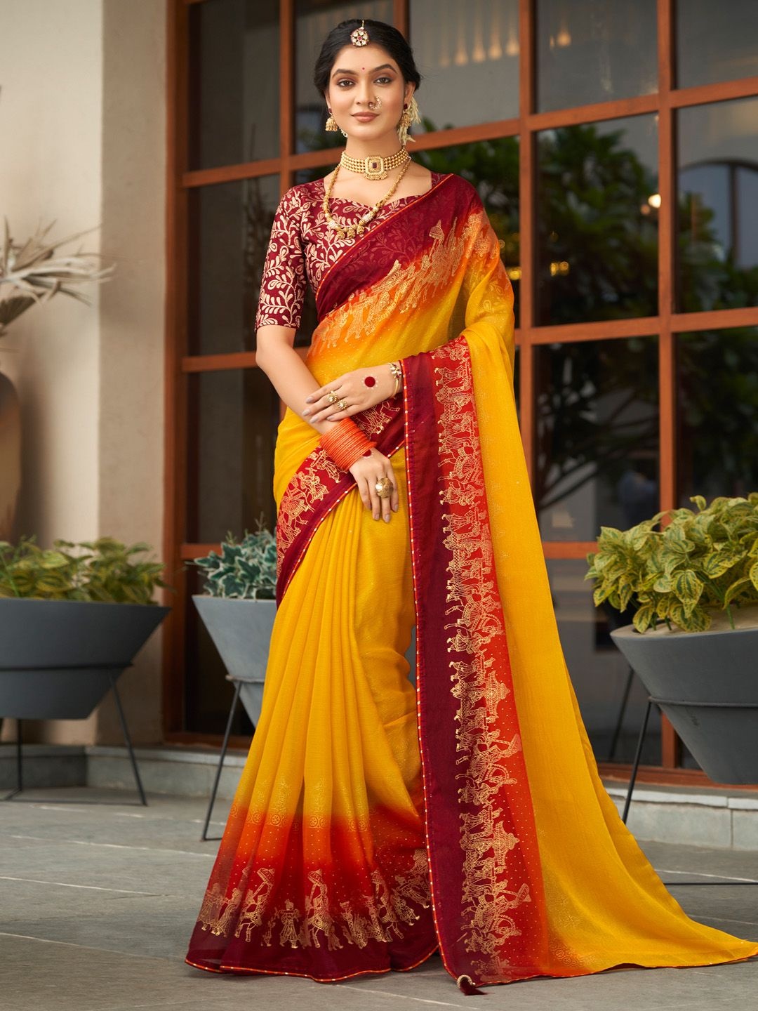 

KALINI Ethnic Motifs Zari Poly Chiffon Saree, Yellow