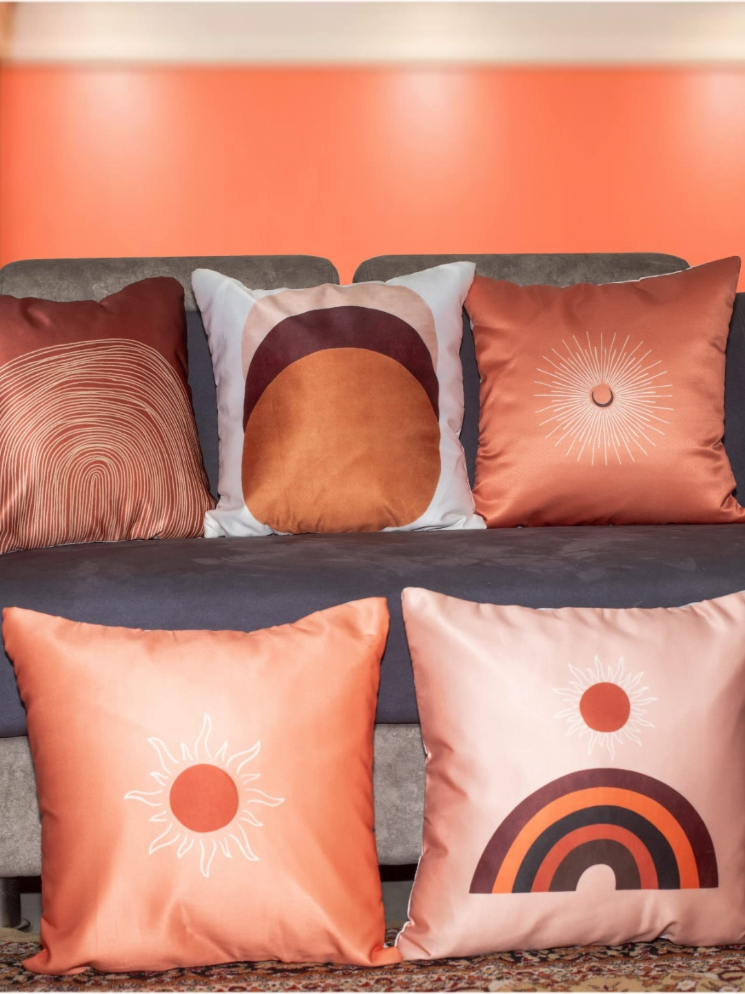 

Vendola Bronze-Toned & Brown 5 Pieces Geometric Printed Satin Square Cushion Covers