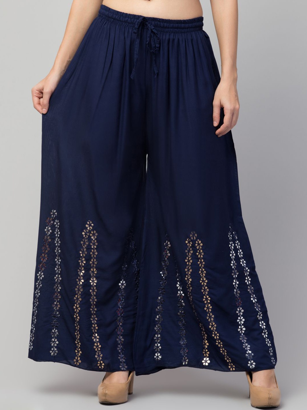 

FAMBEE Women Ethnic Motifs Embroidered Flared Ethnic Palazzos, Navy blue