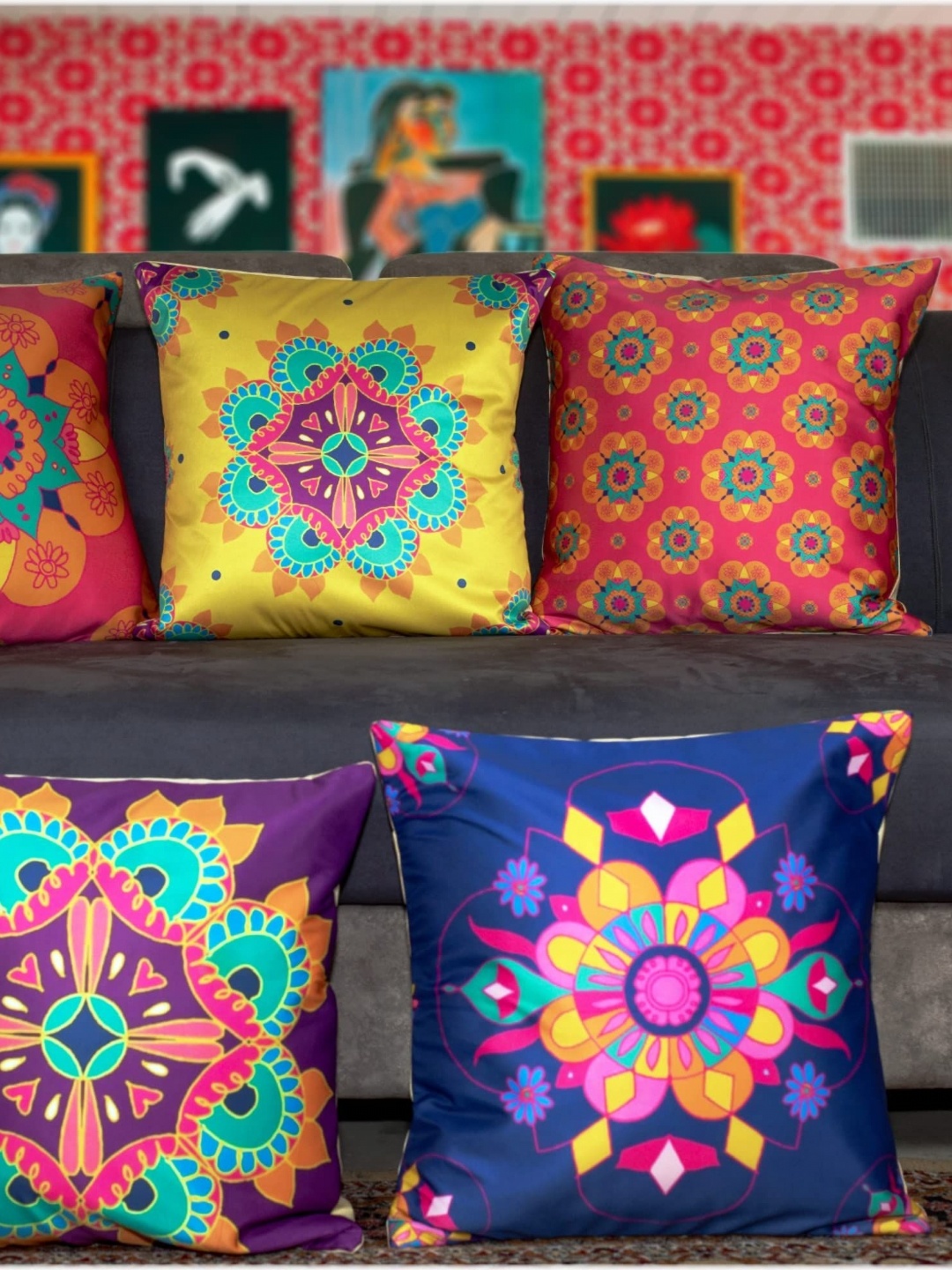 

Vendola Pink & Blue 5 Pieces Ethnic Motifs Printed Satin Square Cushion Covers