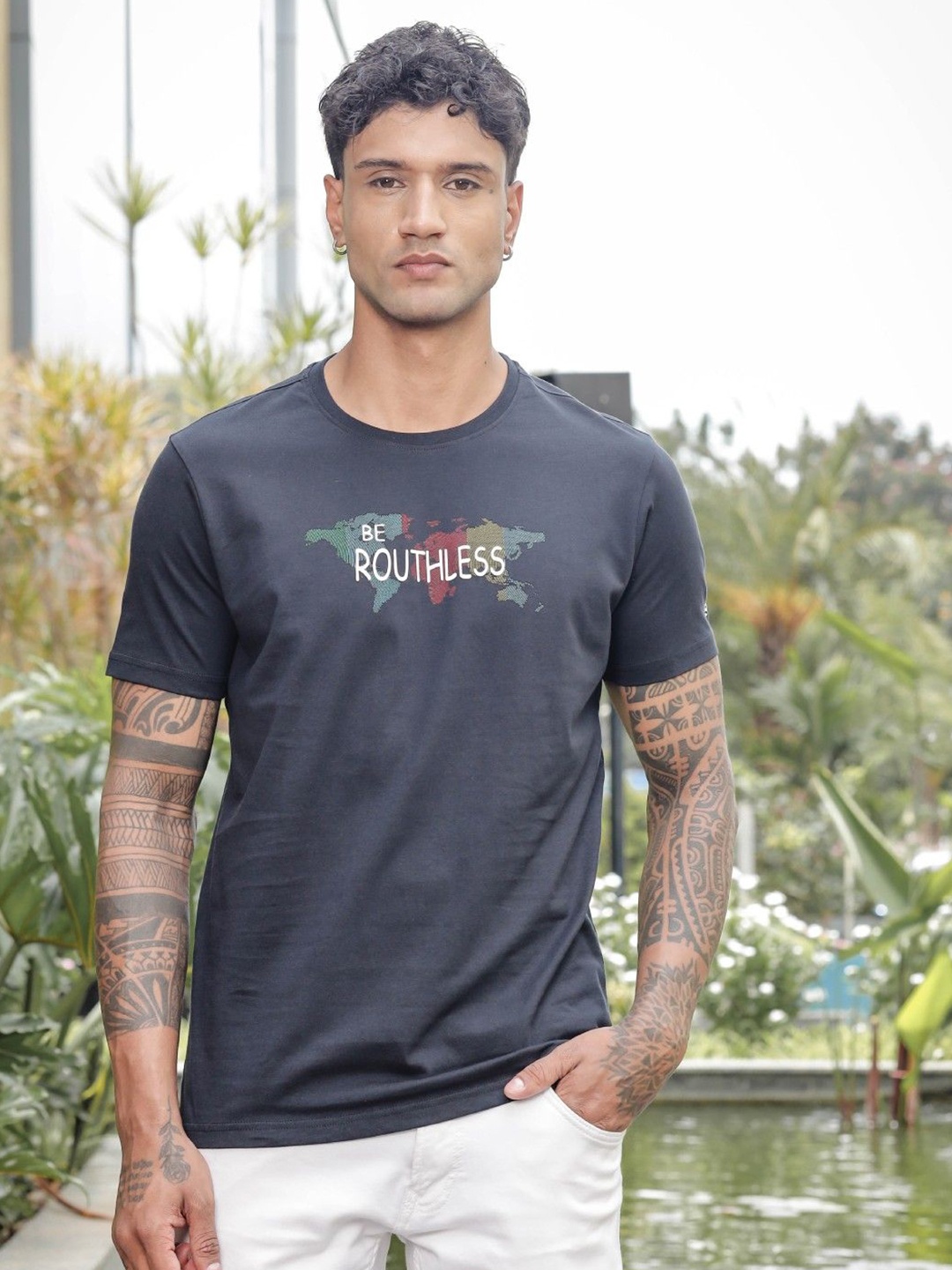 

ONE SKY Men Typography Printed Round Neck Cotton T-shirt, Black