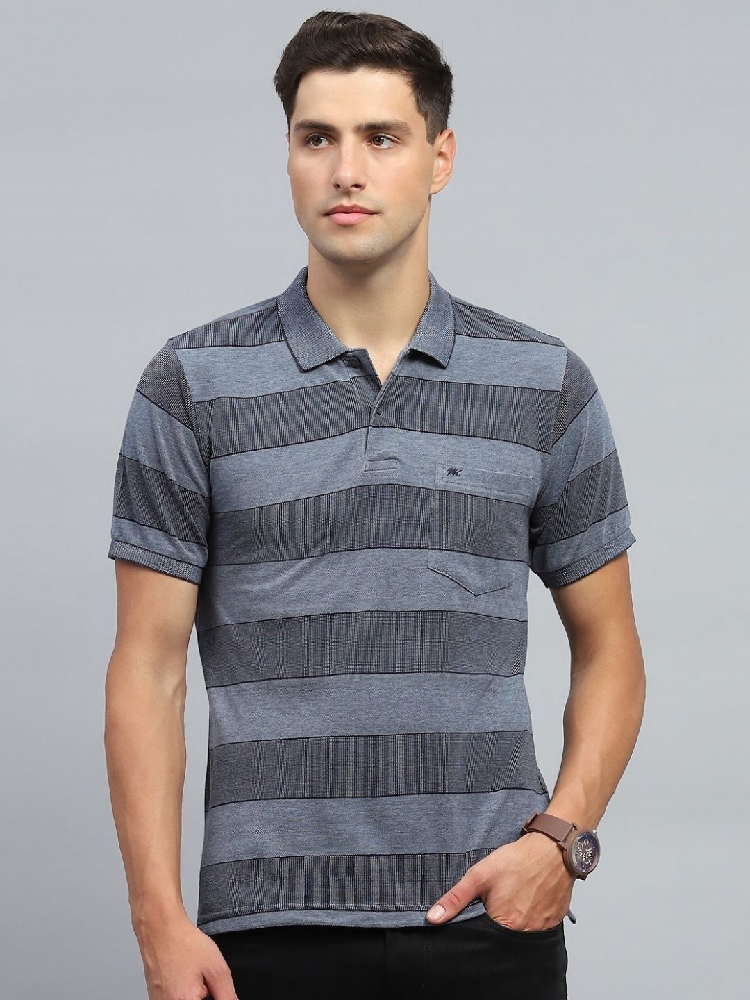 

Monte Carlo Men Striped Polo Collar Cotton T-shirt, Grey