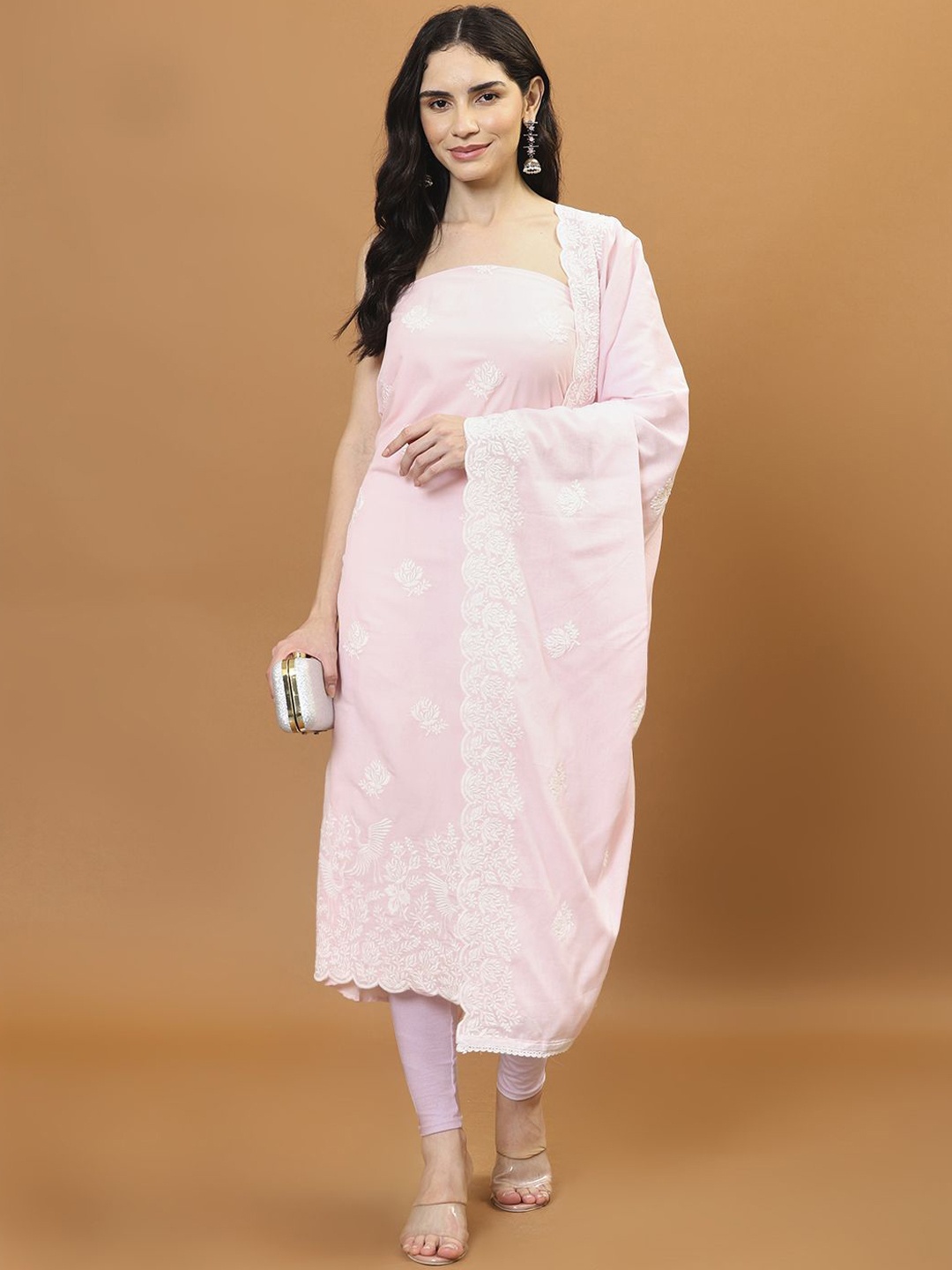 

Meena Bazaar Floral Embroidered Cotton Unstitched Dress Material, Pink