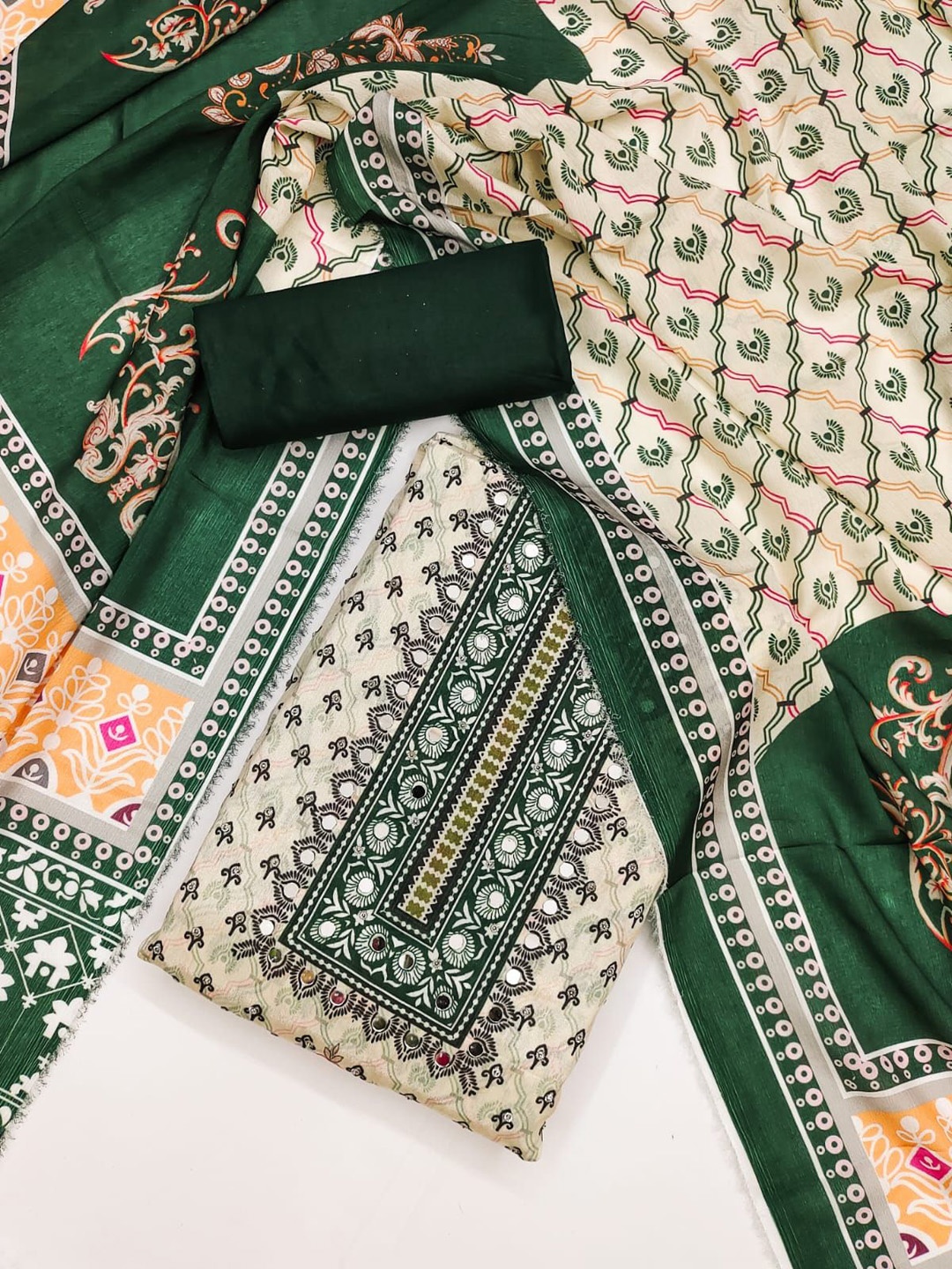 

LeeliPeeri Designer Ethnic Motifs Printed Unstitched Dress Material, Olive