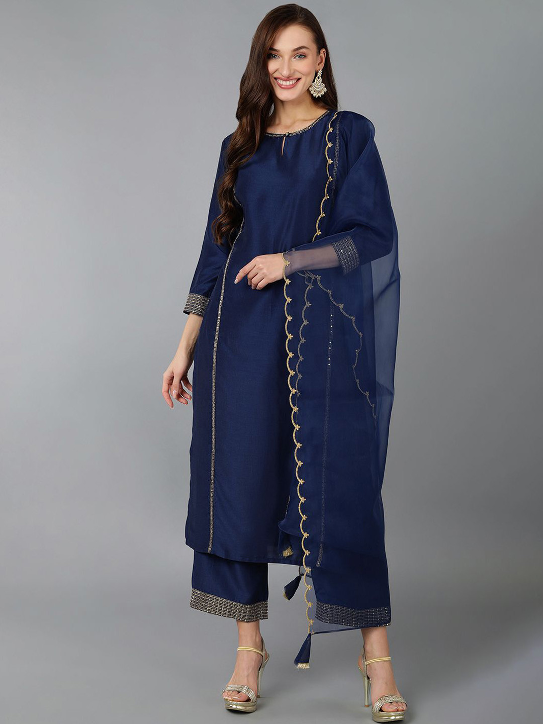 

AHIKA Women Floral Embroidered Regular Sequinned Kurta with Trousers & With Dupatta, Navy blue