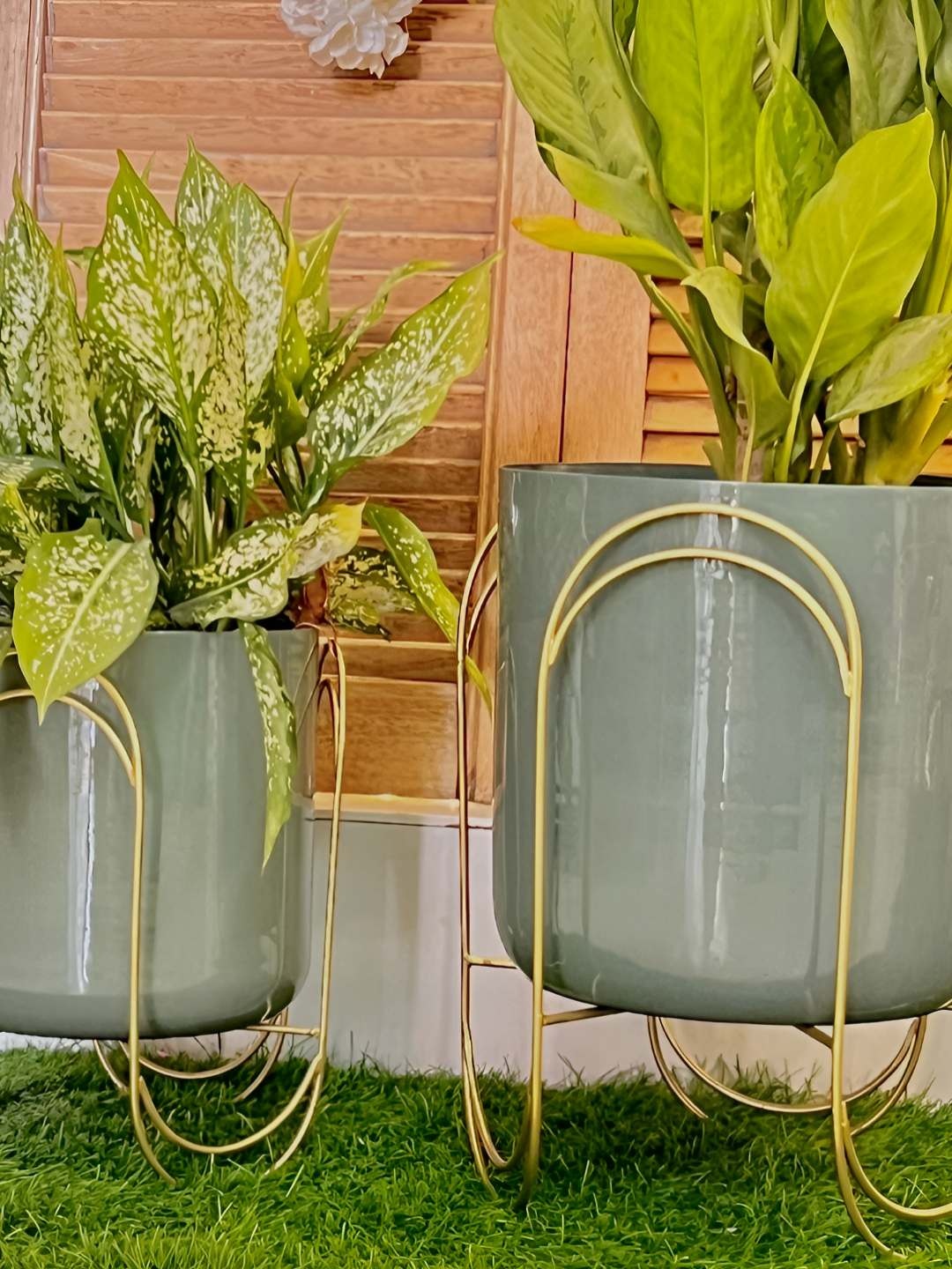 

Timaya's Decor Blossom Grey & Green 2 Pieces Glossy Planters With Stands