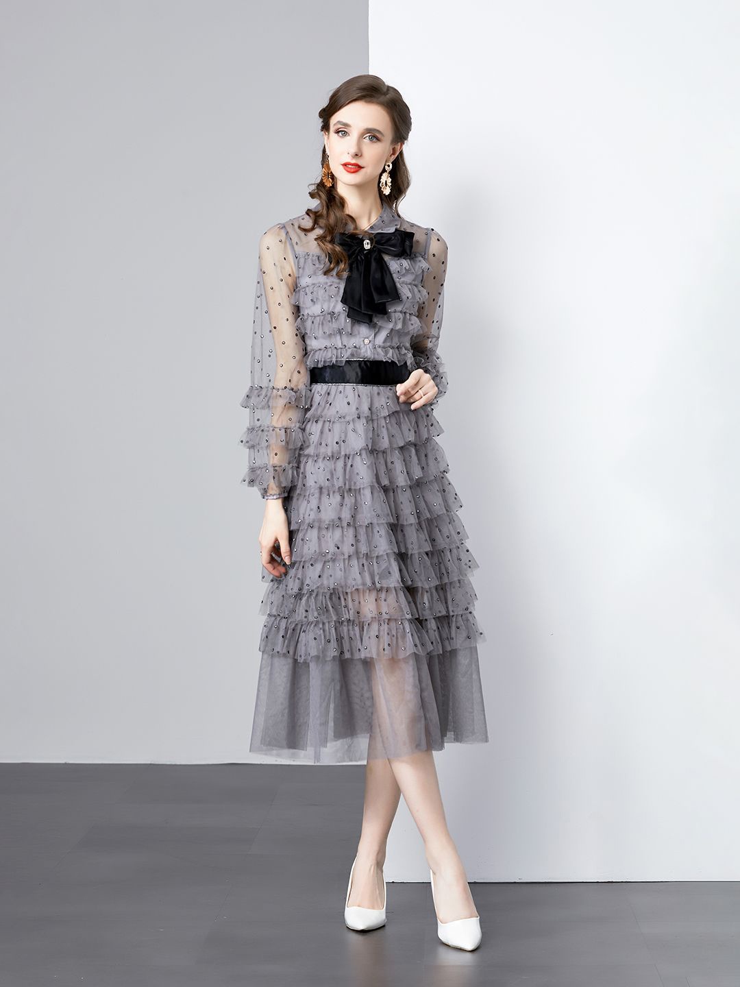 

JC Collection Women Self Design Puff Sleeves A-Line Midi Dress, Grey