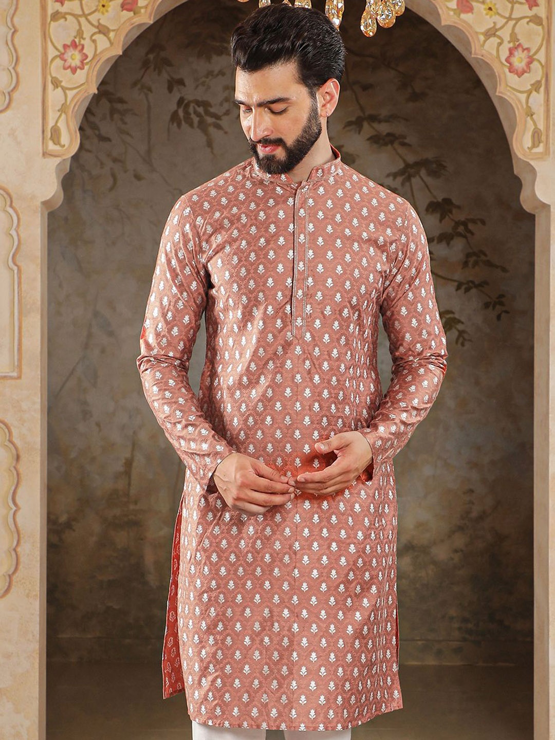 

HOUSE OF DEYANN Men Jacquard Kurta, Copper