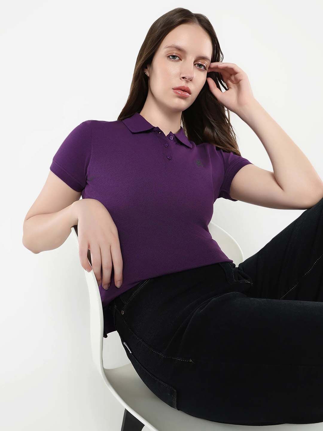 

RAREISM Women Solid Polo Collar Cotton T-shirt, Purple