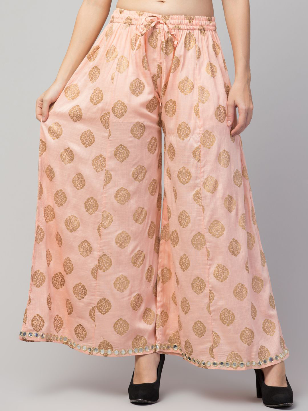 

FAMBEE Women Printed Flared Knitted Palazzos, Peach