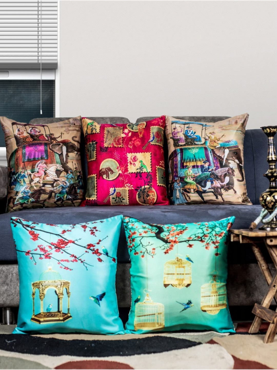 

Vendola Blue & Red 5 Pieces Ethnic Motifs Square Cushion Covers