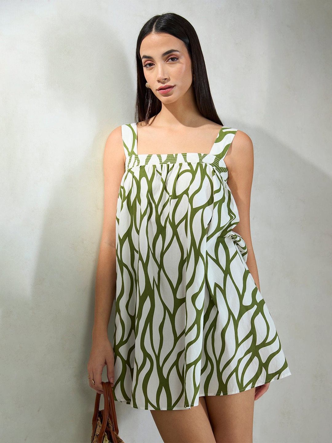 

Virgio Women Cotton Mini Length Abstract Broad Strap Sleeve Dress, White