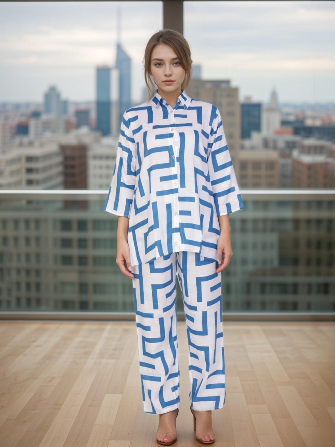 

BAESD Printed Shirt With Trouser Co -Ords, Blue