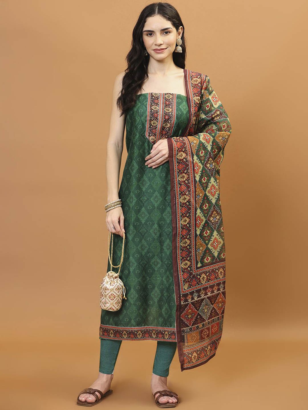 

Meena Bazaar Printed Art Silk Unstitched Dress Material, Green