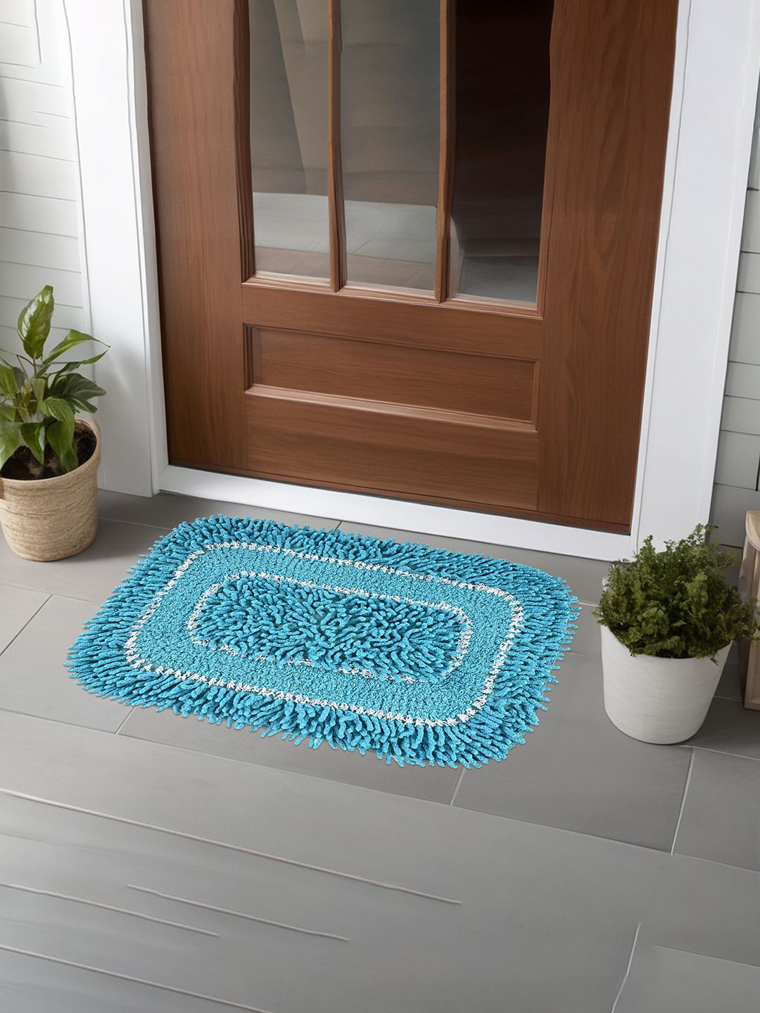 

Kuber Industries Blue & White 3 Pieces Textured Microfiber Anti-Slip Doormats