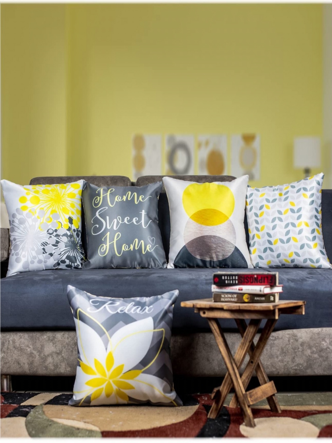

Vendola Yellow & Grey 5 Pieces Floral Printed Satin Square Cushion Covers