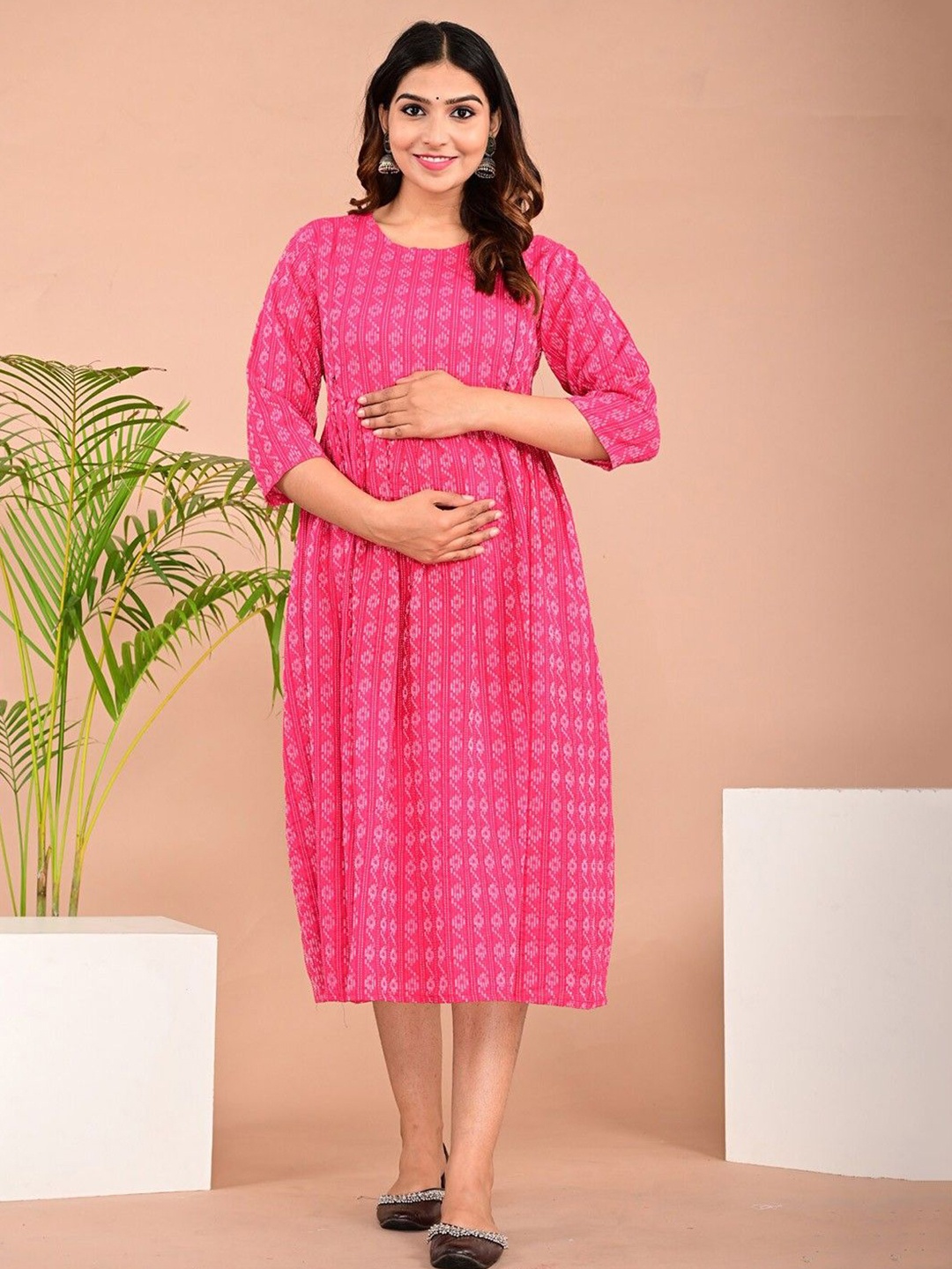 

Parth Fab Print Maternity Fit & Flare Midi Dress, Pink