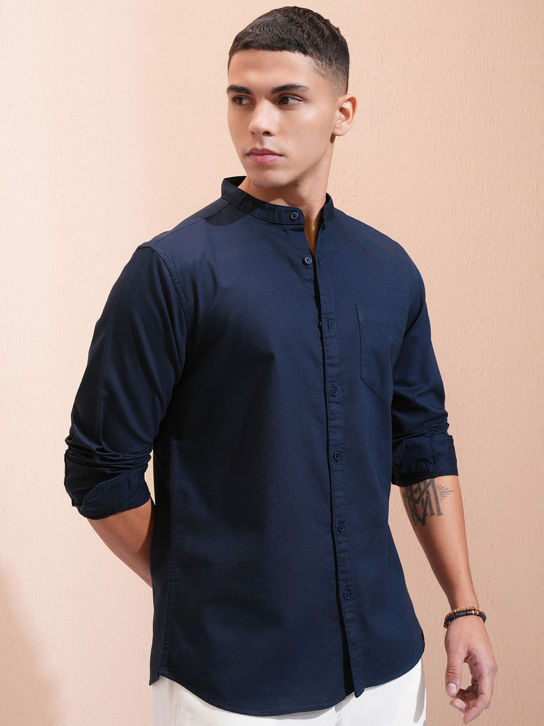 

HIGHLANDER Men Solid Mandarain Collar Casual Shirt, Navy blue