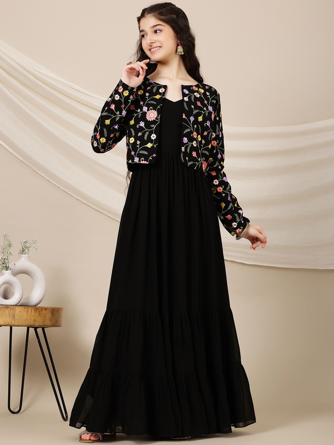 

Inddus Girls Embroidered A-Line Maxi Ethnic Dress With Jacket, Black