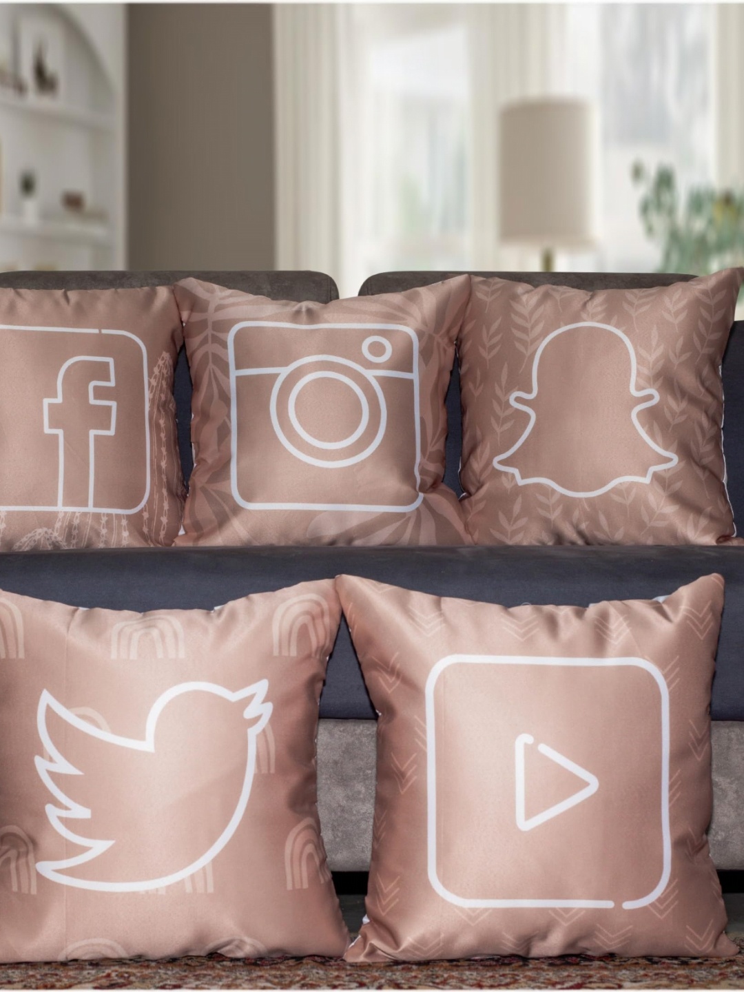 

Vendola Brown & White 5 Pieces Quirky Printed Satin Square Cushion Covers