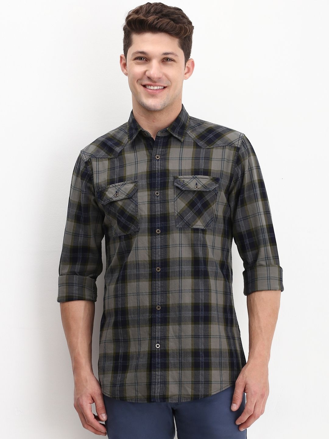 

Allen Solly Men Custom Spread Collar Tartan Checked Cotton Casual Shirt, Grey