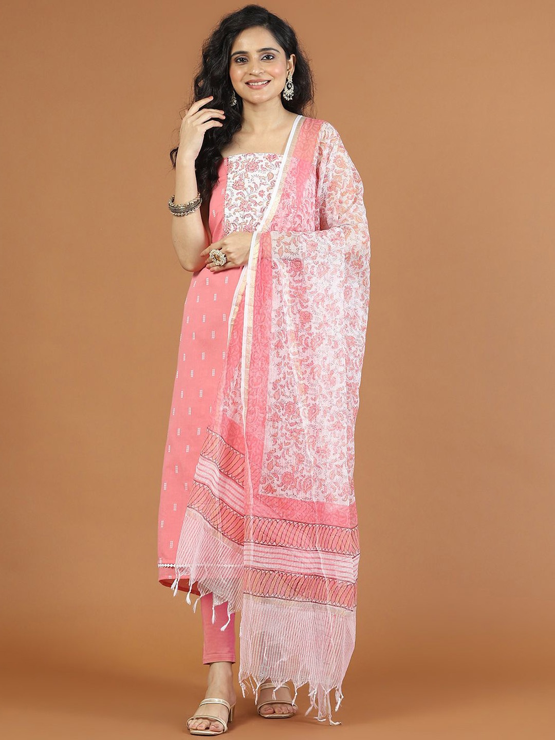 

Meena Bazaar Printed Unstitched Dress Material, Pink