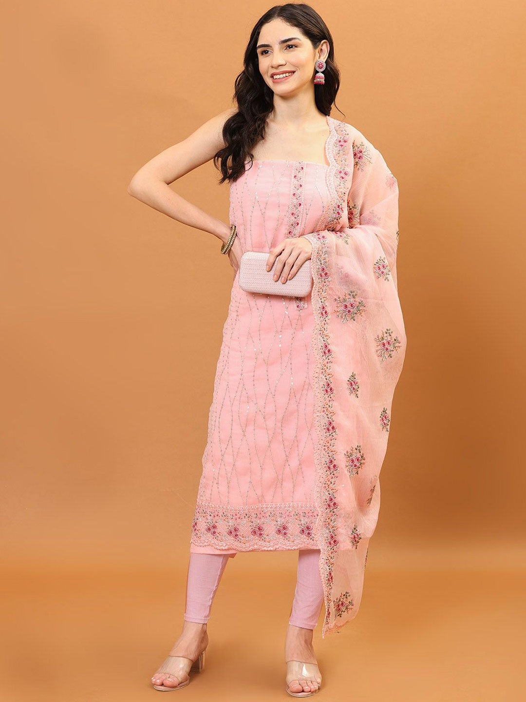 

Meena Bazaar Embroidered Organza Unstitched Dress Material, Pink