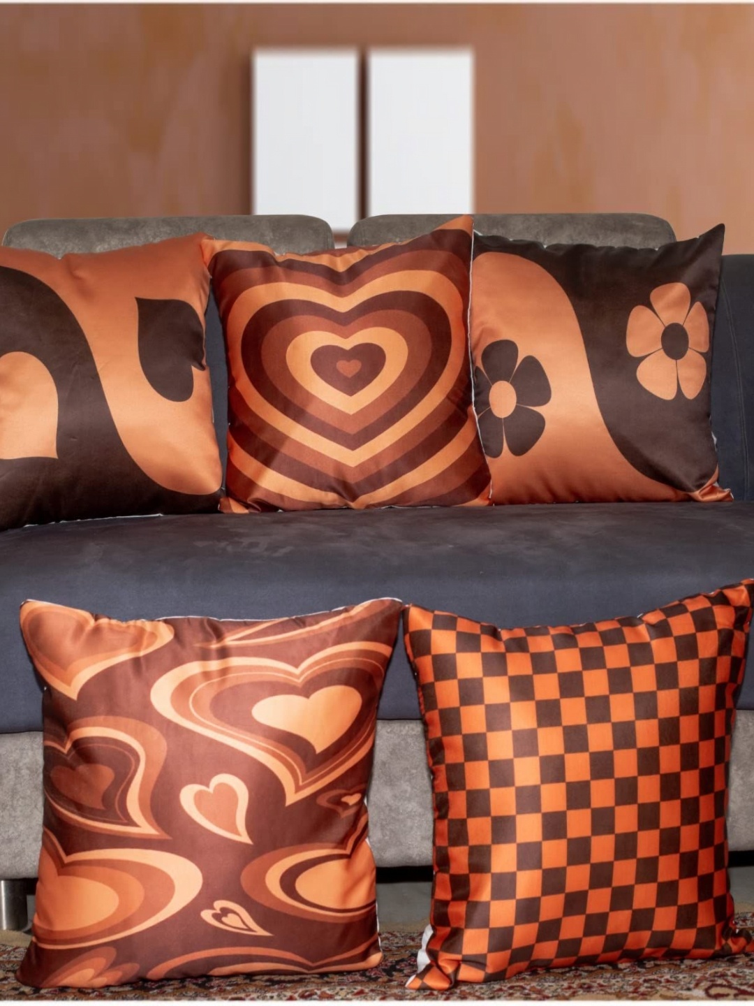 

Vendola Brown 5 Pieces Quirky Printed Satin Square Cushion Covers