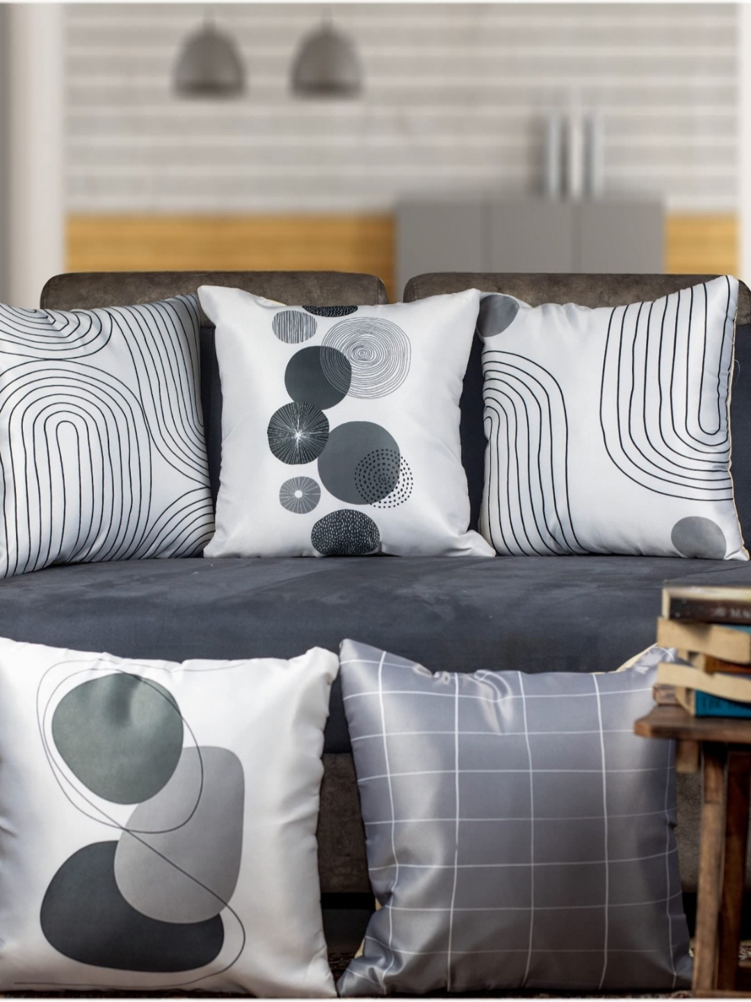 

Vendola White & Grey 5 Pieces Geometric Printed Satin Square Cushion Covers